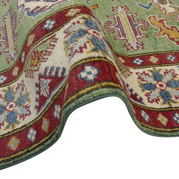 Green Afghan Kazak Rug 3' 10" x 5' 8" Hand-Knotted | No. AL91223
