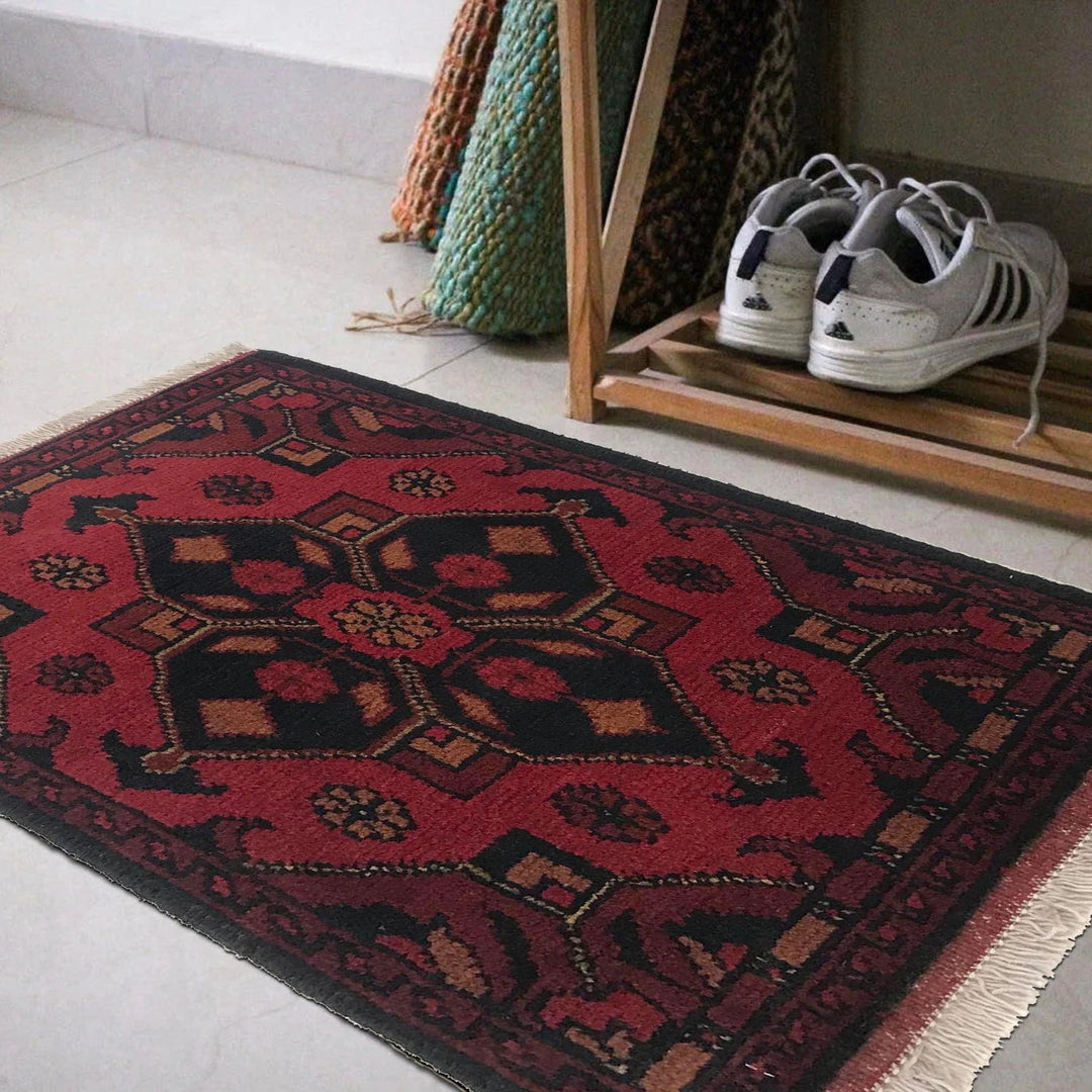Red Afghan Oriental Doormat 1' 5" x 2' 0" Hand-Knotted | No. AL91343