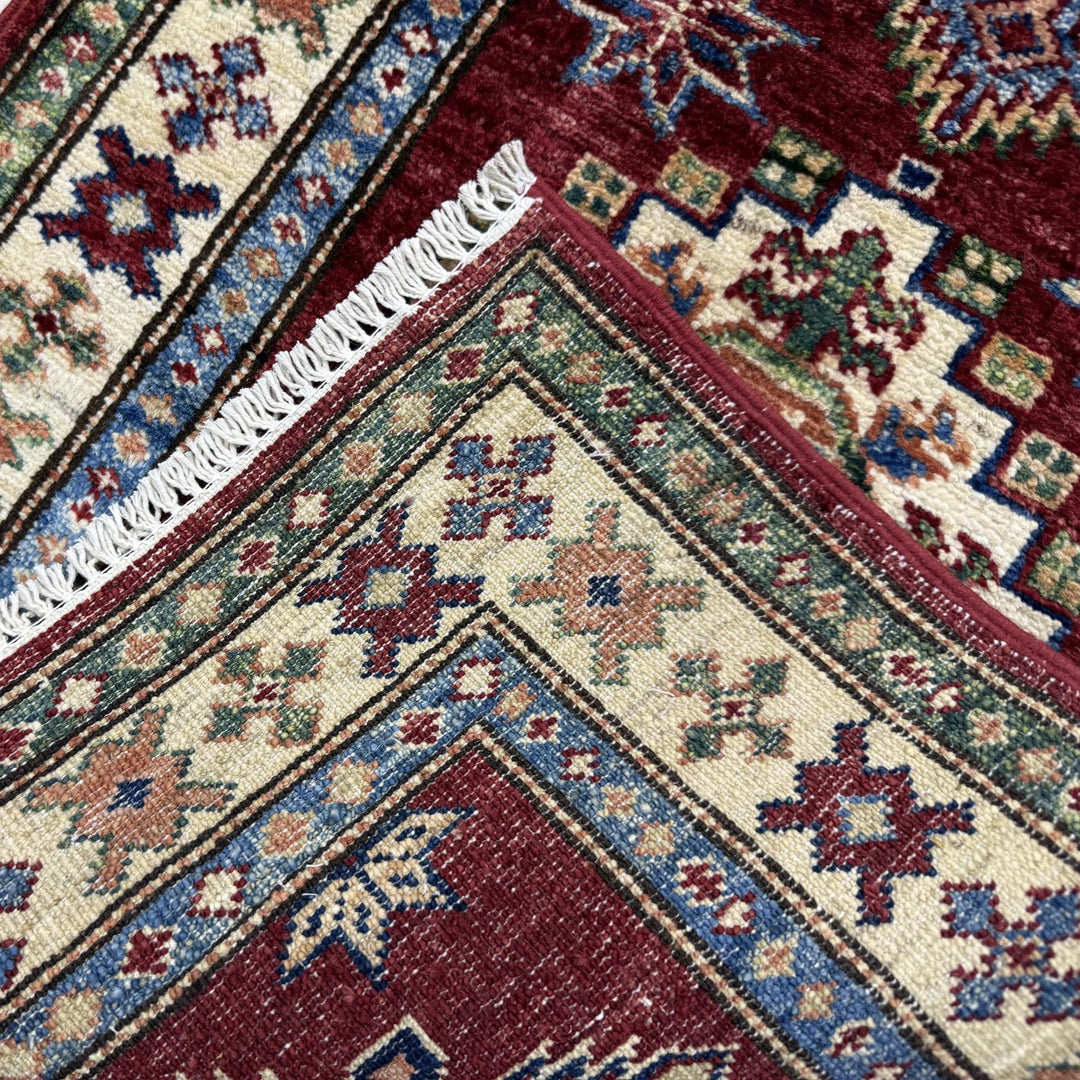 Red Afghan Kazak Rug 1' 11" x 5' 9" Hand-Knotted | No. AL91427