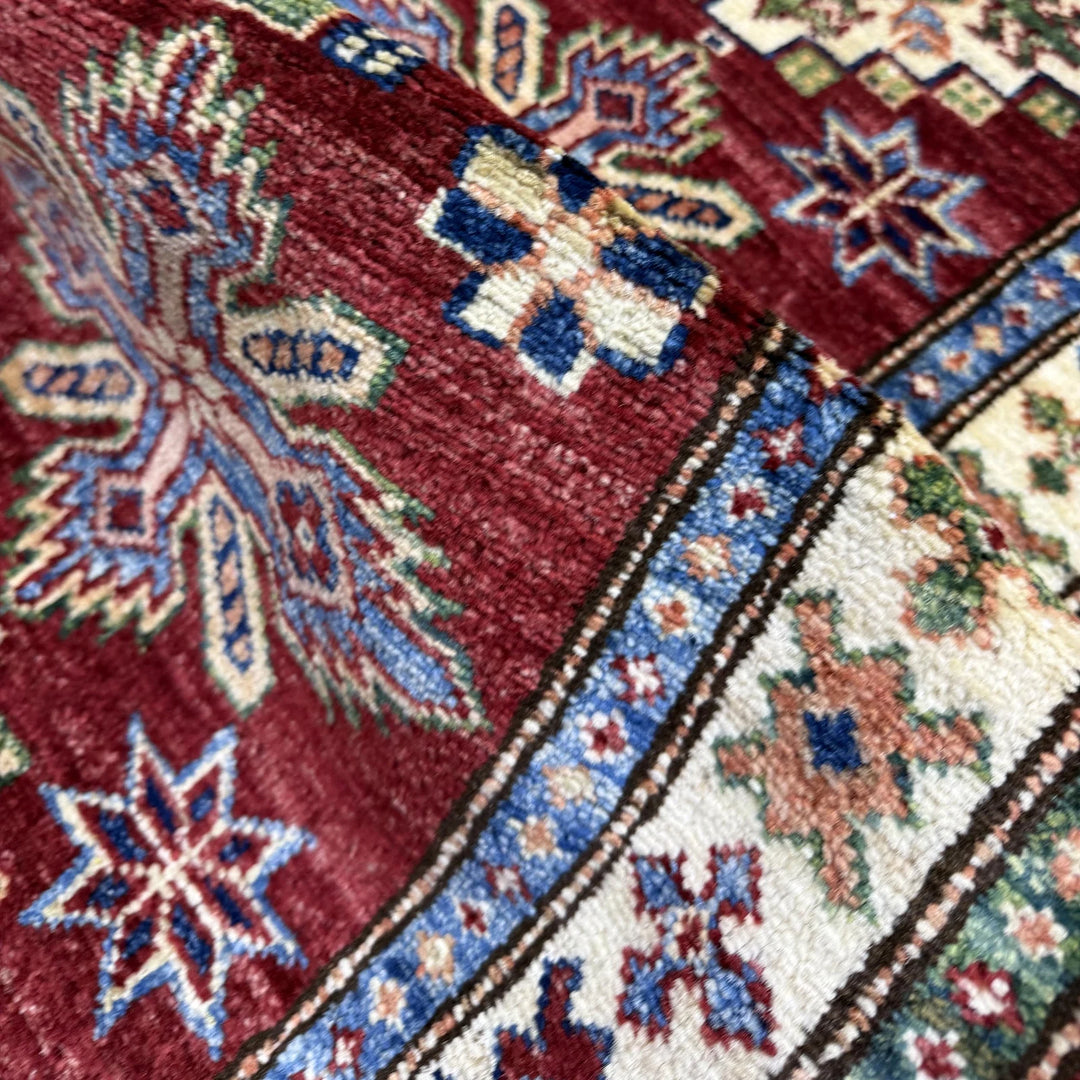 Red Afghan Kazak Rug 1' 11" x 5' 9" Hand-Knotted | No. AL91427