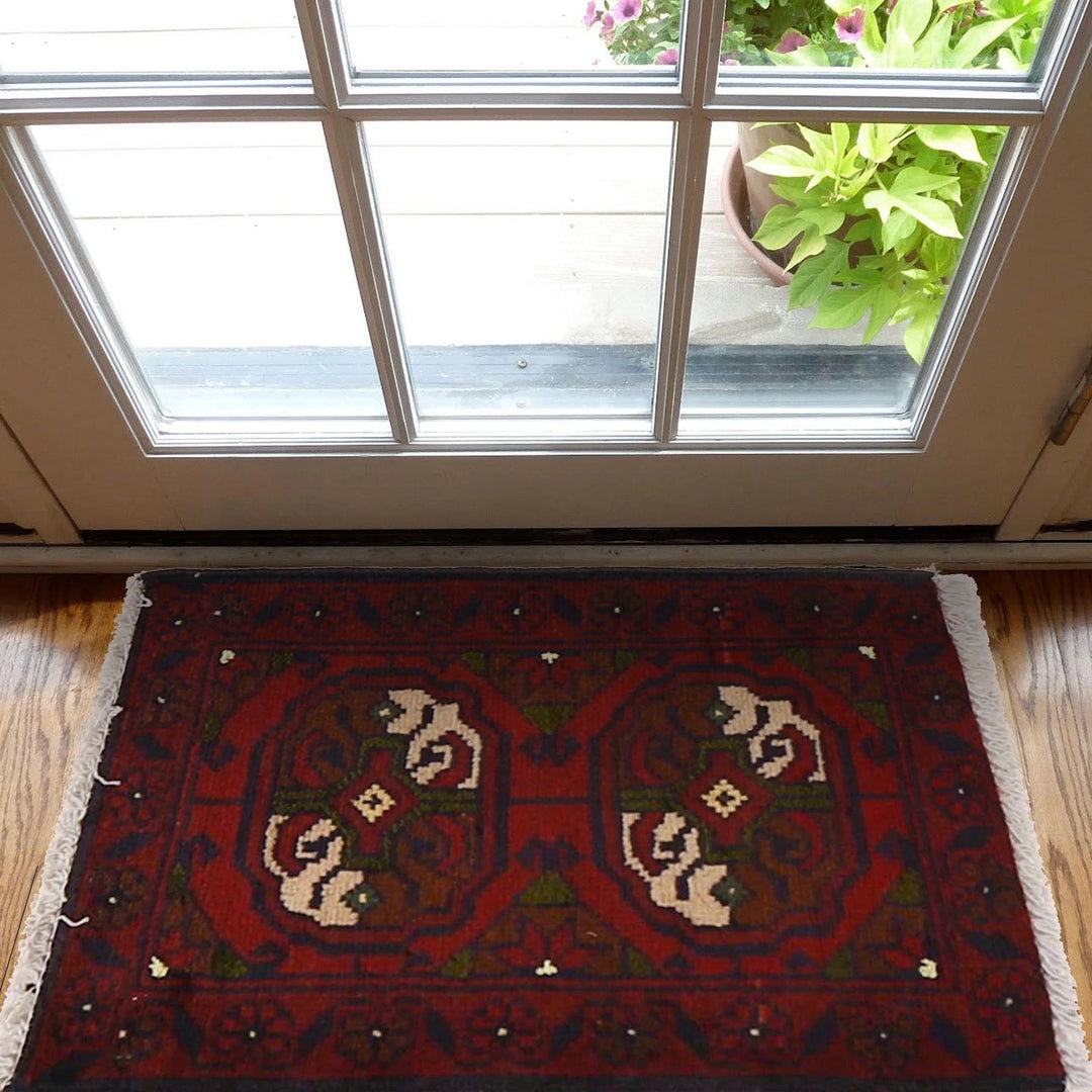 Red Afghan Oriental Doormat 1' 3" x 2' 0" Hand-Knotted | No. AL91593