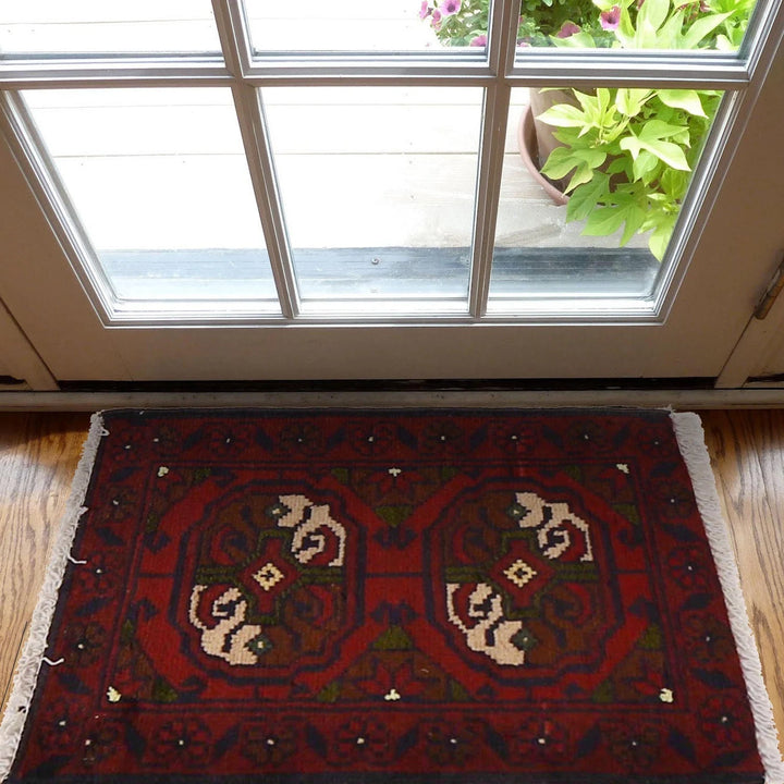 Red Afghan Oriental Doormat 1' 3" x 2' 0" Hand-Knotted | No. AL91593