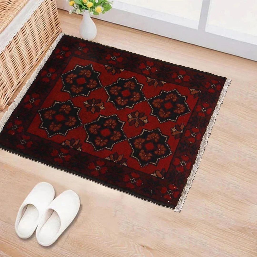 Red Afghan Oriental Doormat 1' 6" x 2' 0" Hand-Knotted | No. AL91762