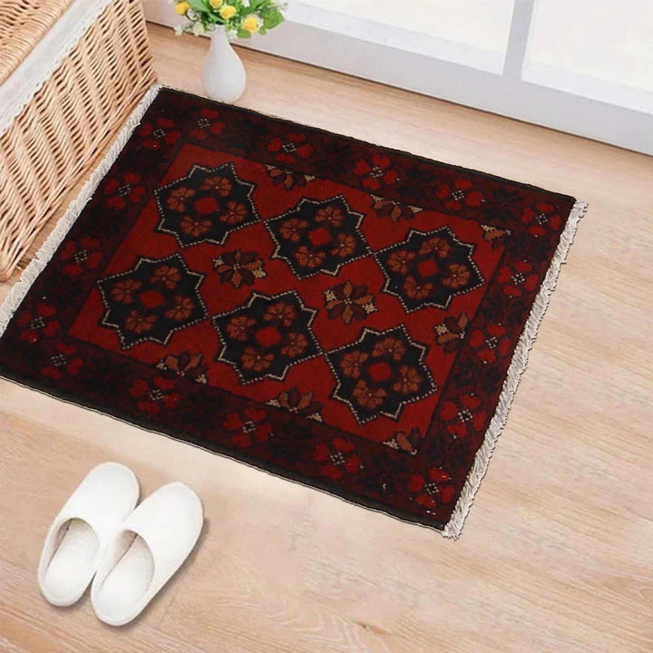 Red Afghan Oriental Doormat 1' 6" x 2' 0" Hand-Knotted | No. AL91762