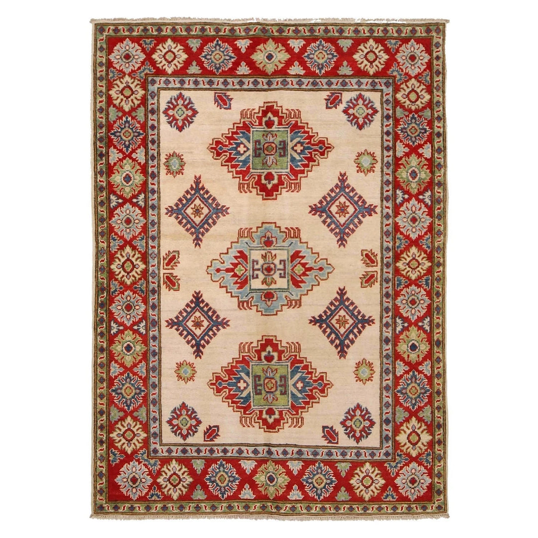 Ivory Afghan Kazak Rug 4' 0" x 5' 9" Hand-Knotted | No. AL91843
