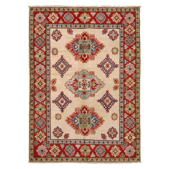 Ivory Afghan Kazak Rug 4' 0" x 5' 9" Hand-Knotted | No. AL91843
