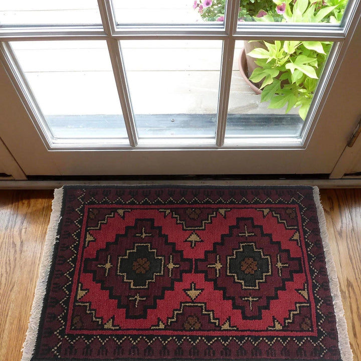 Red Afghan Oriental Doormat 1' 4" x 2' 0" Hand-Knotted | No. AL92094