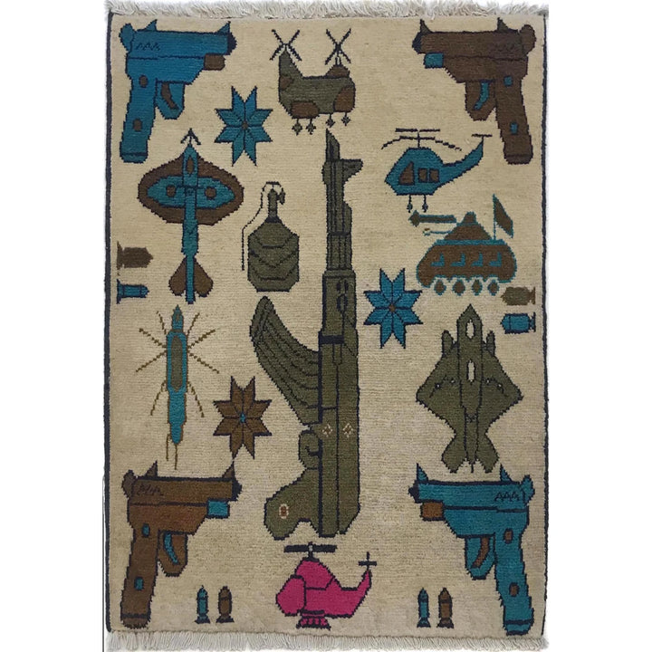 Beige Afghan War Rug 2' 0" x 2' 6" Hand-Knotted | No. AL92155