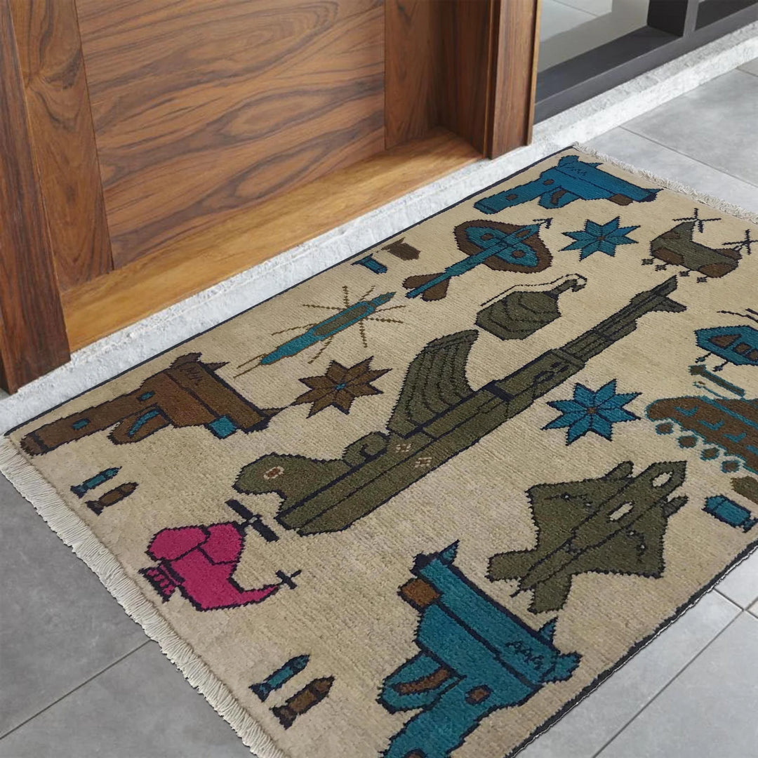 Beige Afghan War Rug 2' 0" x 2' 6" Hand-Knotted | No. AL92155