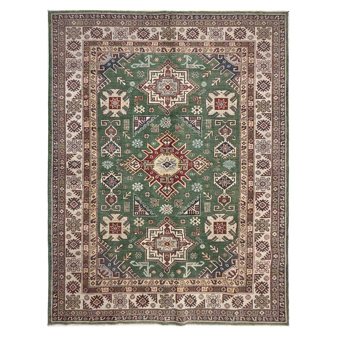 Green Afghan Kazak Rug 6' 6" x 9' 9" Hand-Knotted | No. AL92296