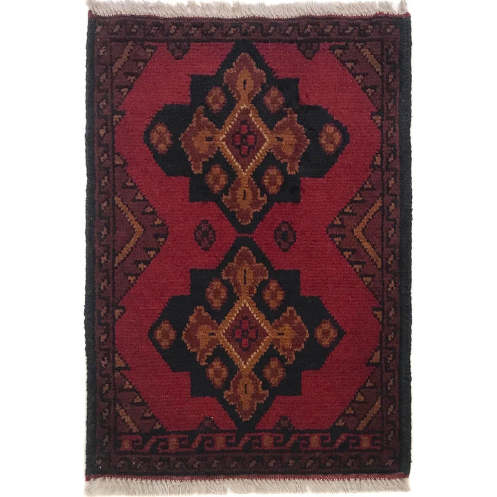 Red Afghan Oriental Doormat 1' 5" x 2' 1" Hand-Knotted | No. AL92433