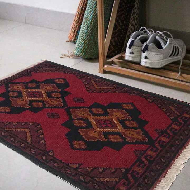 Red Afghan Oriental Doormat 1' 5" x 2' 1" Hand-Knotted | No. AL92433