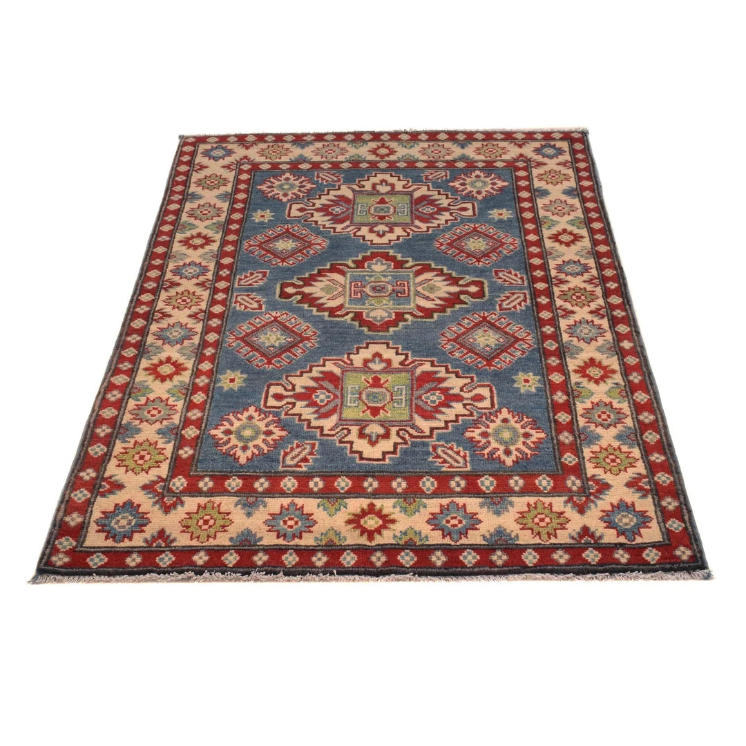 Blue Afghan Kazak Rug 3' 4" x 4' 9" Hand-Knotted | No. AL92467