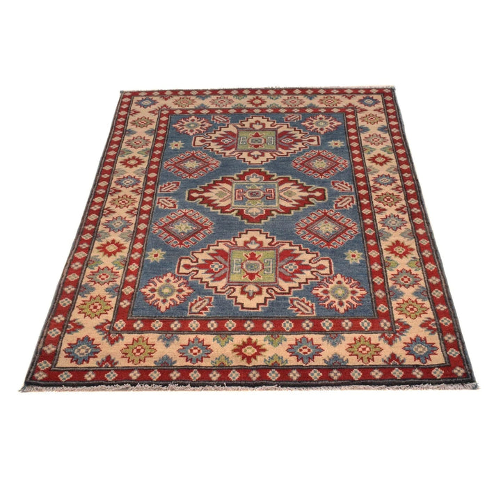 Blue Afghan Kazak Rug 3' 4" x 4' 9" Hand-Knotted | No. AL92467