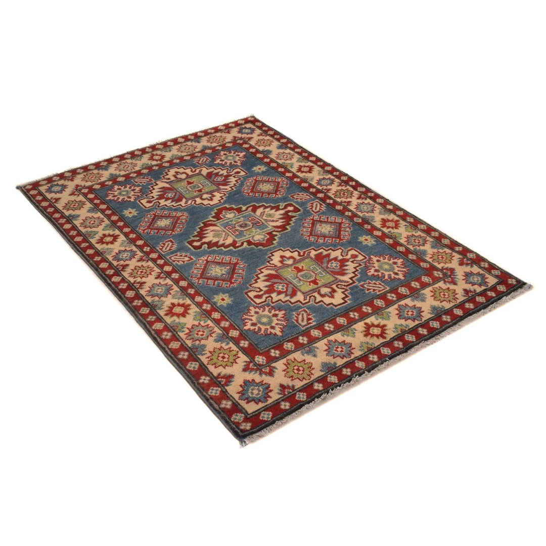 Blue Afghan Kazak Rug 3' 4" x 4' 9" Hand-Knotted | No. AL92467