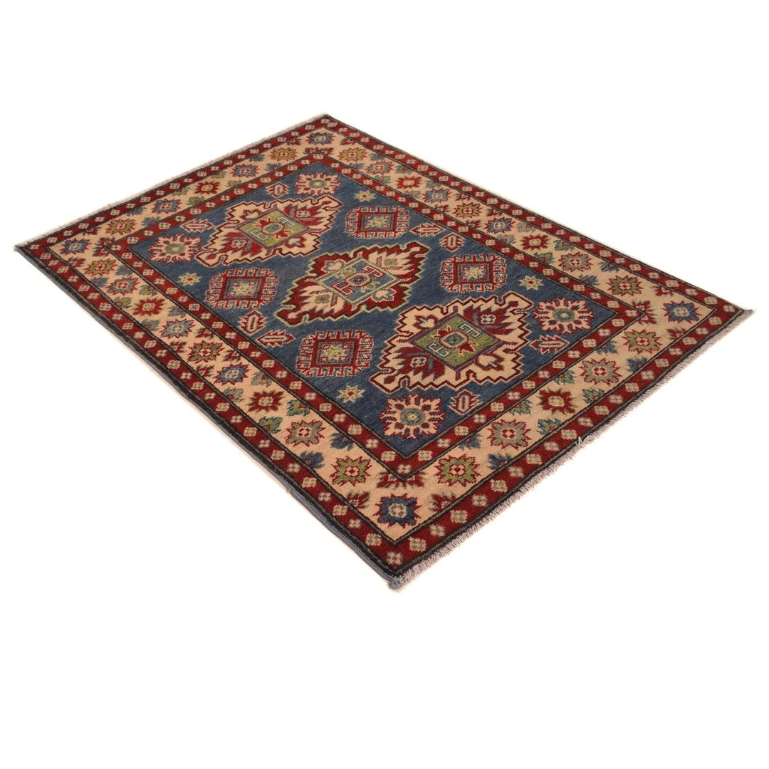 Blue Afghan Kazak Rug 3' 4" x 4' 9" Hand-Knotted | No. AL92467