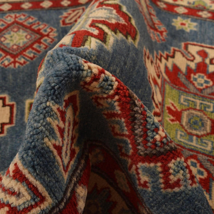 Blue Afghan Kazak Rug 3' 4" x 4' 9" Hand-Knotted | No. AL92467