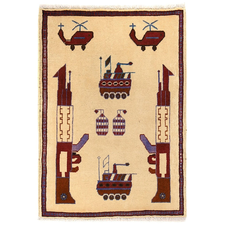 Ivory Afghan War Rug 2' 1" x 2' 11" Hand-Knotted | No. AL92473