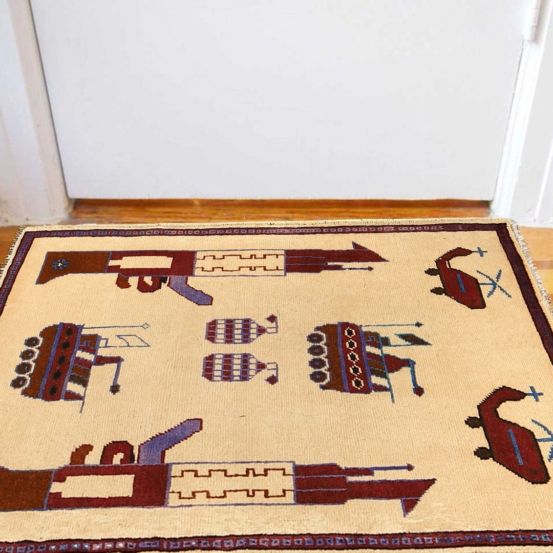 Ivory Afghan War Rug 2' 1" x 2' 11" Hand-Knotted | No. AL92473