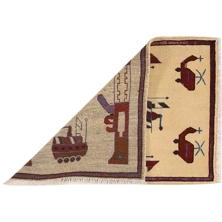 Ivory Afghan War Rug 2' 1" x 2' 11" Hand-Knotted | No. AL92473