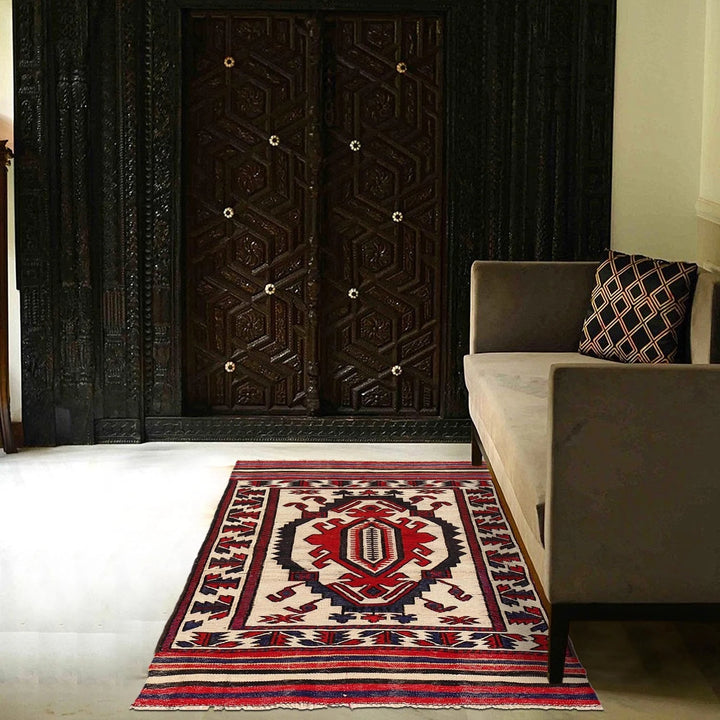 Beige Afghan Kilim Rug 2' 9" x 4' 5" Flat-Weave | No. AL92479