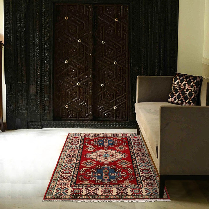 Red Afghan Kazak Rug 2' 9" x 4' 0" Hand-Knotted | No. AL92500