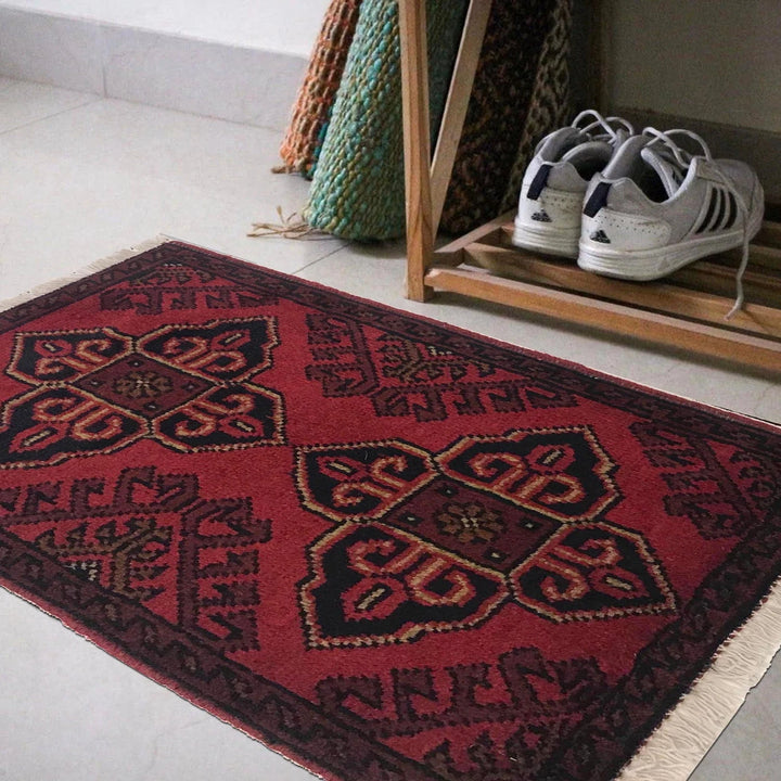 Red Afghan Oriental Doormat 1' 5" x 2' 0" Hand-Knotted | No. AL92630