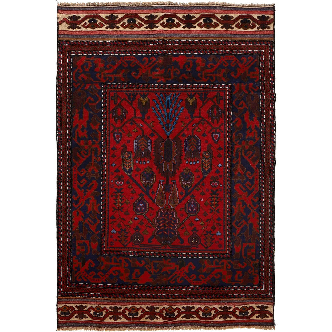 Red Afghan Baluchi Rug 3' 10" x 5' 9" Hand-Knotted | No. AL92814