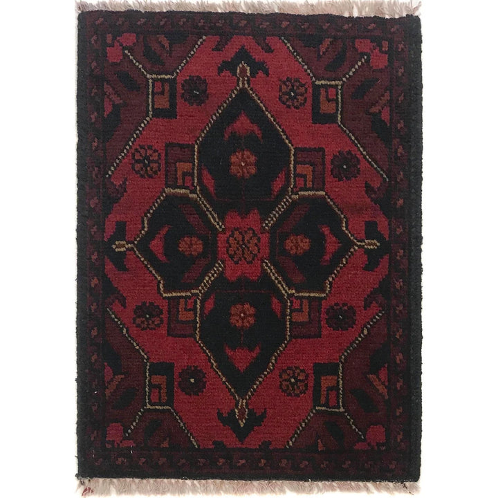 Red Afghan Oriental Doormat 1' 4" x 1' 10" Hand-Knotted | No. AL92943
