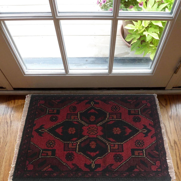 Red Afghan Oriental Doormat 1' 4" x 1' 10" Hand-Knotted | No. AL92943