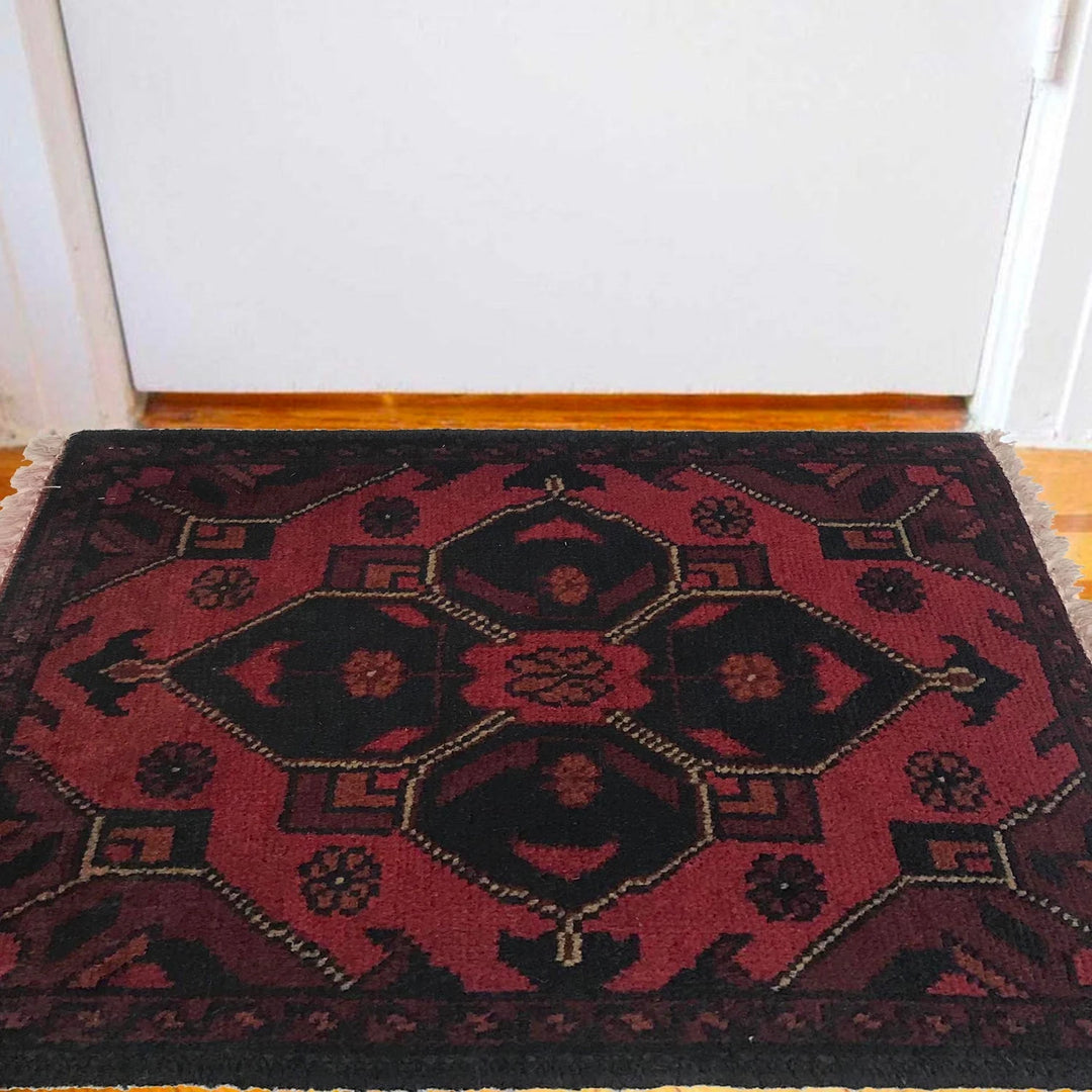 Red Afghan Oriental Doormat 1' 4" x 1' 11" Hand-Knotted | No. AL93022
