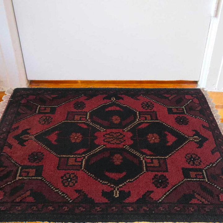 Red Afghan Oriental Doormat 1' 4" x 1' 11" Hand-Knotted | No. AL93022