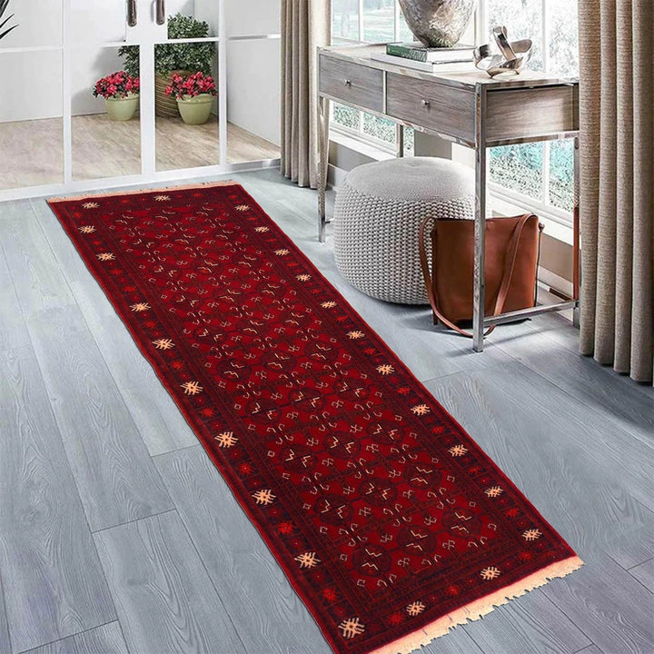 Red Afghan Bokhara Rug 2' 5" x 5' 10" Hand-Knotted | No. AL93032