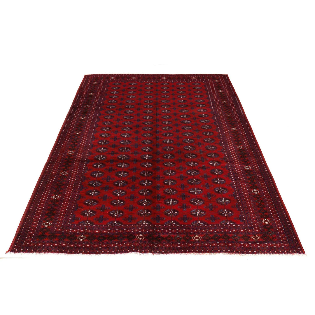 Red Afghan Bokhara Rug 6'12" x 9'1" Hand-Knotted | No. AL93259