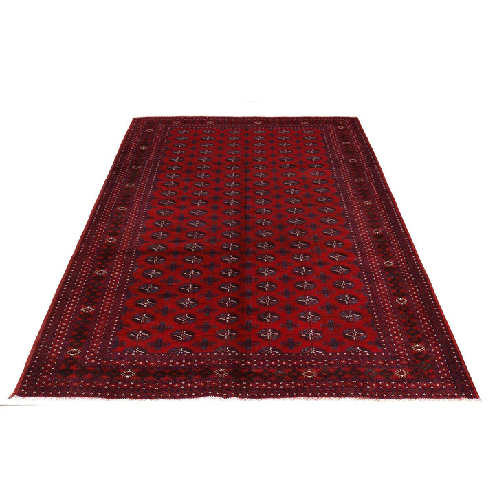 Red Afghan Bokhara Rug 6'12" x 9'1" Hand-Knotted | No. AL93259