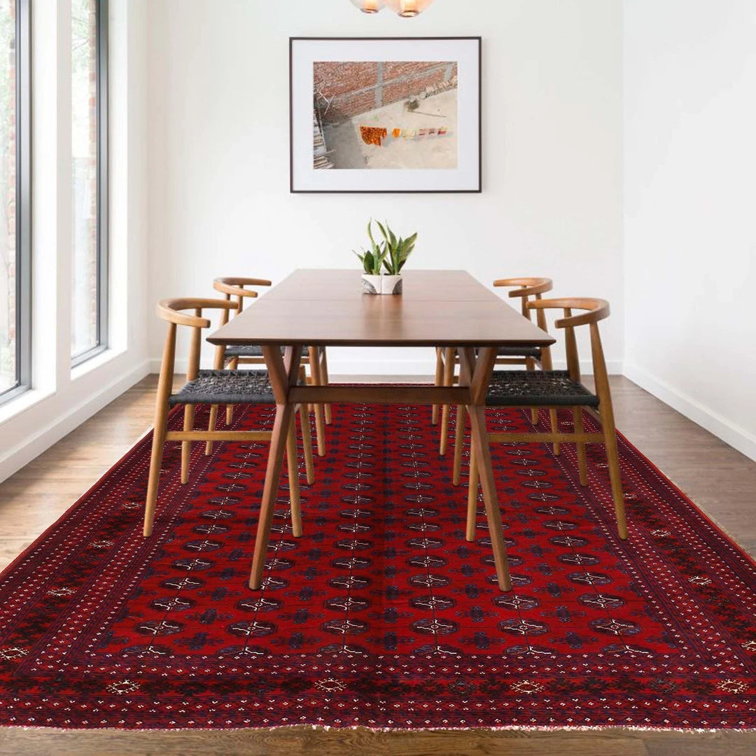 Red Afghan Bokhara Rug 6'12" x 9'1" Hand-Knotted | No. AL93259