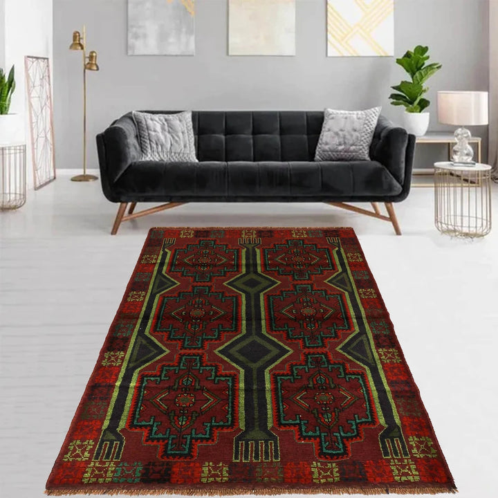 Red Afghan Baluchi Rug 4' 4" x 6' 6" Hand-Knotted | No. AL93295