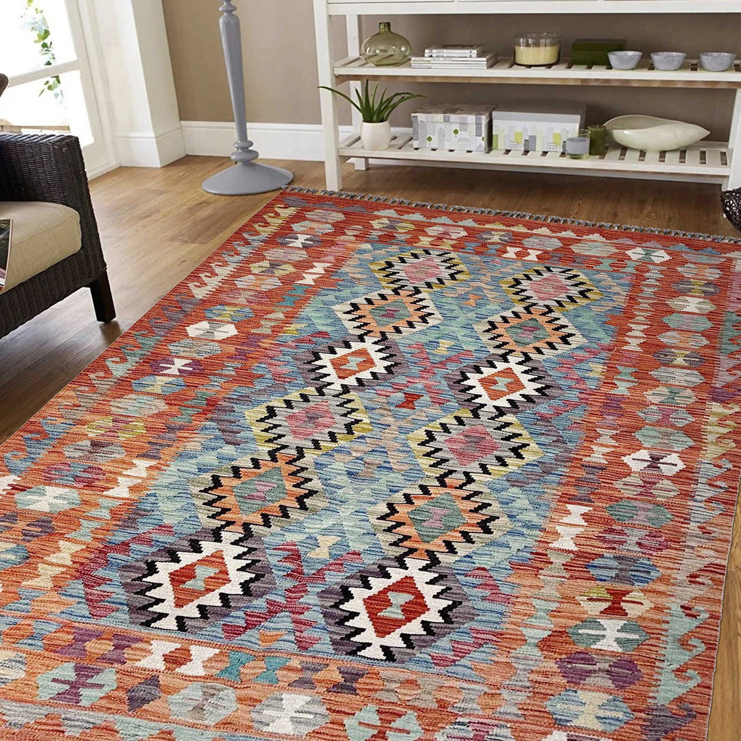 Afghan Vegetable Kilim Rug 5'1" x 6'5" Flat-Weave | No. AL93313