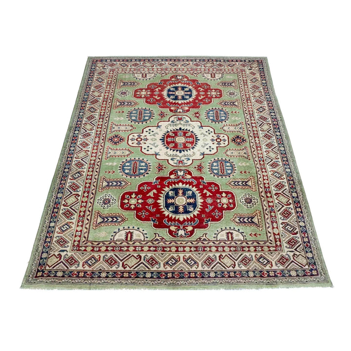 Green Afghan Kazak Rug 5' 8" x 8' 1" Hand-Knotted | No. AL93326