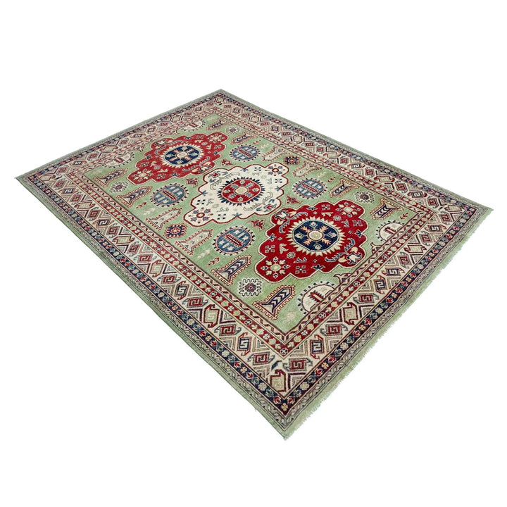 Green Afghan Kazak Rug 5' 8" x 8' 1" Hand-Knotted | No. AL93326