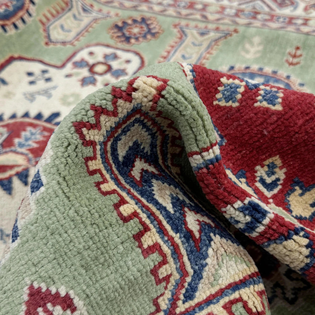 Green Afghan Kazak Rug 5' 8" x 8' 1" Hand-Knotted | No. AL93326