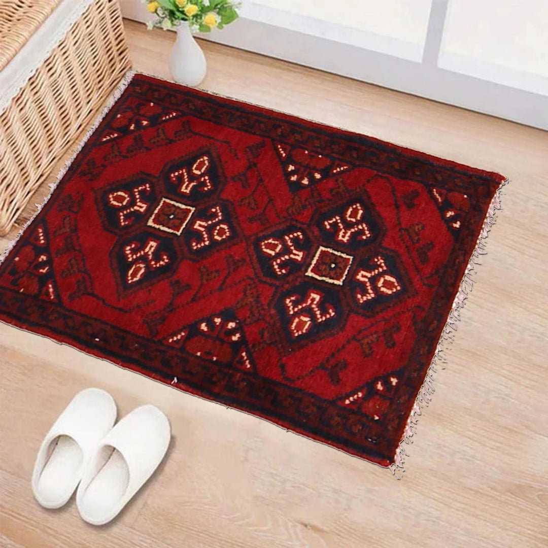 Red Afghan Oriental Doormat 1' 6" x 1' 11" Hand-Knotted | No. AL93369