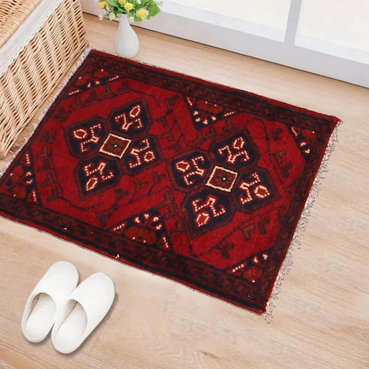 Red Afghan Oriental Doormat 1' 6" x 1' 11" Hand-Knotted | No. AL93369
