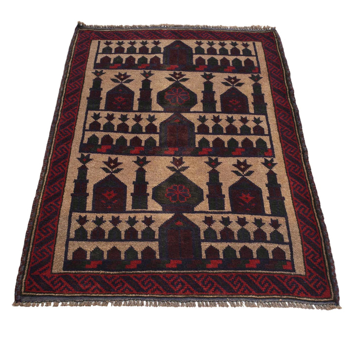 Beige Afghan Prayer Rug 3' 1" x 4' 6" Hand-Knotted | No. AL93413