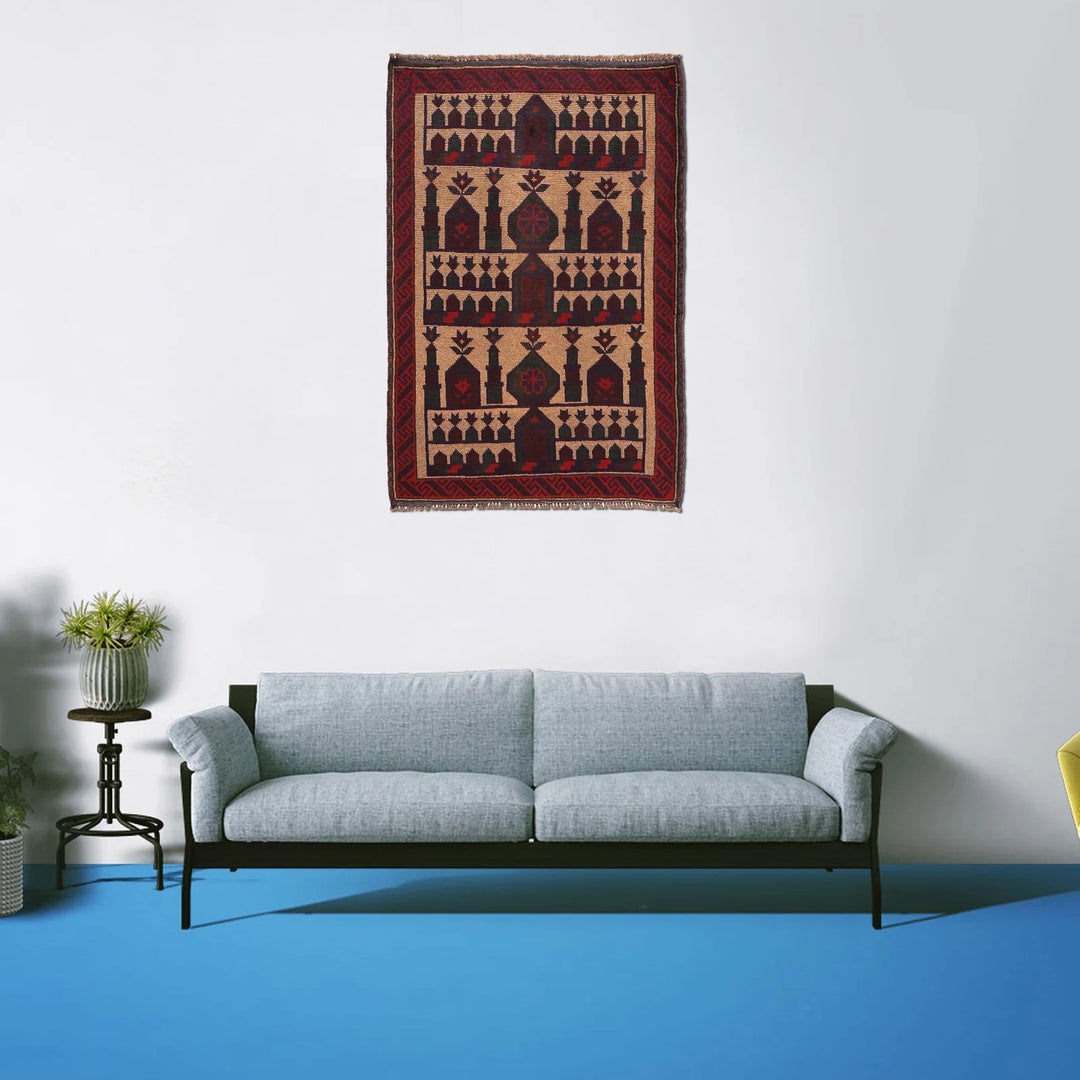 Beige Afghan Prayer Rug 3' 1" x 4' 6" Hand-Knotted | No. AL93413