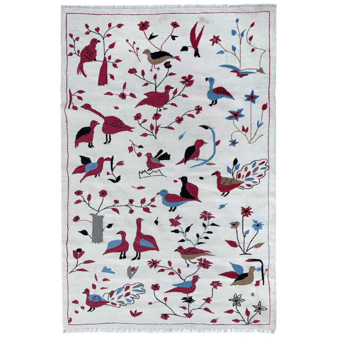 Beige Pakistani Embroidery Kilim Rug 3' 10" x 6' 4" Flat-Weave | No. AL93469