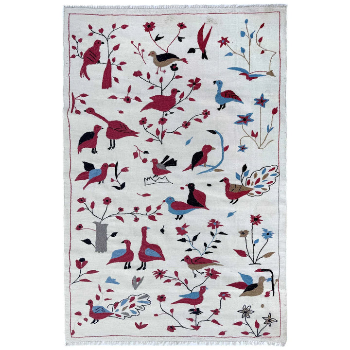 Beige Pakistani Embroidery Kilim Rug 3' 10" x 6' 4" Flat-Weave | No. AL93469