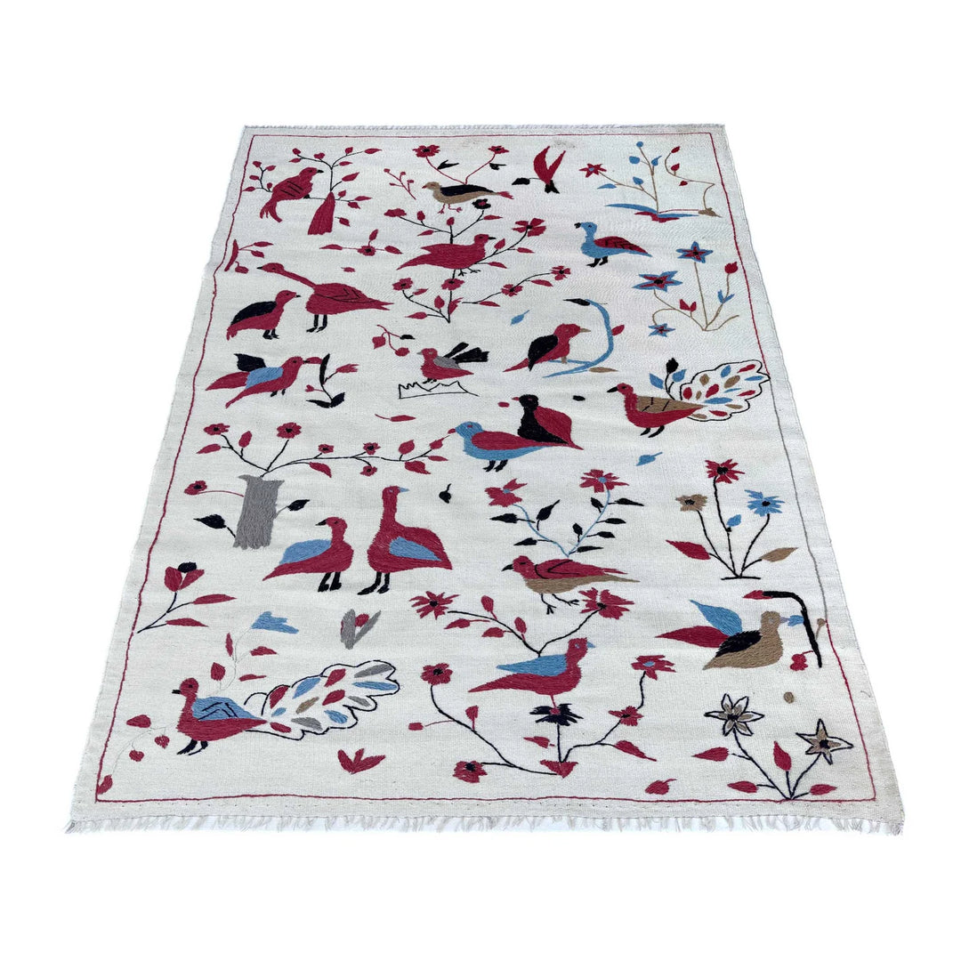 Beige Pakistani Embroidery Kilim Rug 3' 10" x 6' 4" Flat-Weave | No. AL93469