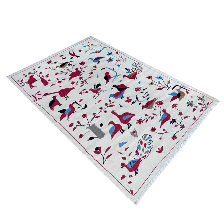 Beige Pakistani Embroidery Kilim Rug 3' 10" x 6' 4" Flat-Weave | No. AL93469