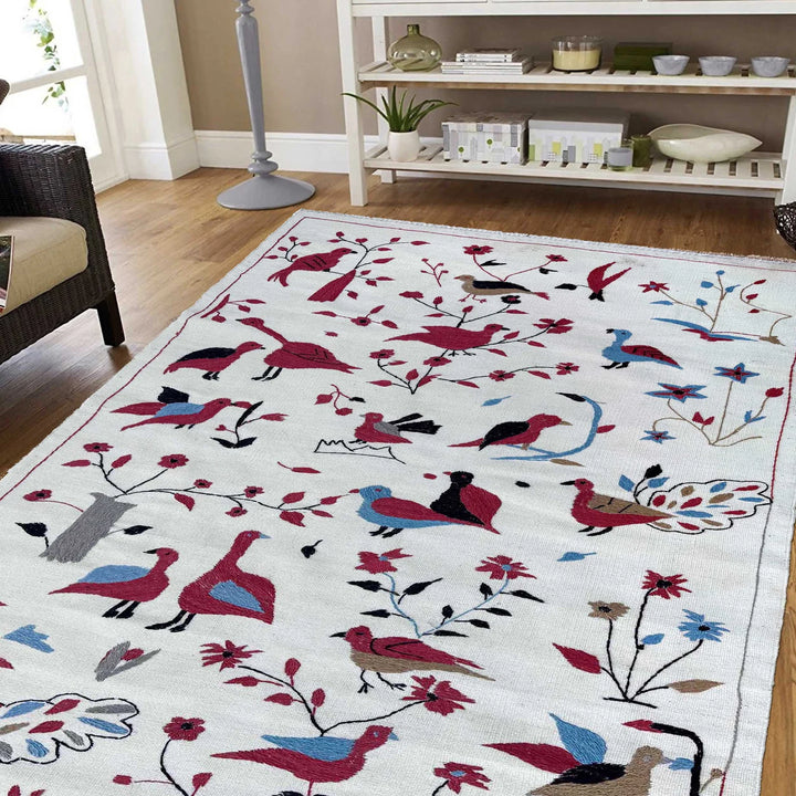 Beige Pakistani Embroidery Kilim Rug 3' 10" x 6' 4" Flat-Weave | No. AL93469